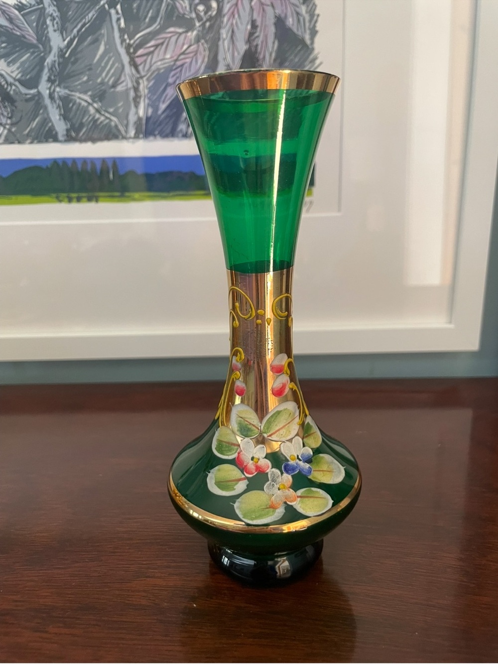 Handpainted green glass vase with gold accents